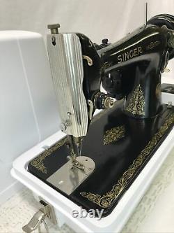 SERVICED Heavy Duty Vtg Singer 66 Sewing Machine Denim Leather Ornate Gold Black