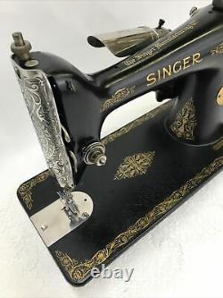 SERVICED Heavy Duty Vtg Singer 66 Sewing Machine Denim Leather Ornate Gold Black