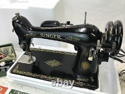 SERVICED Heavy Duty Vtg Singer 66 Sewing Machine Denim Leather Ornate Gold Black