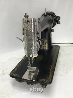 SERVICED Heavy Duty Vtg Singer 66 Sewing Machine Denim Leather Ornate Gold Black