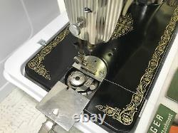 SERVICED Heavy Duty Vtg Singer 66 Sewing Machine Denim Leather Ornate Gold Black