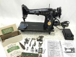 SERVICED Vtg Singer 201 Sewing Machine CHROME HANDWHEEL Heavy Duty Denim Leather